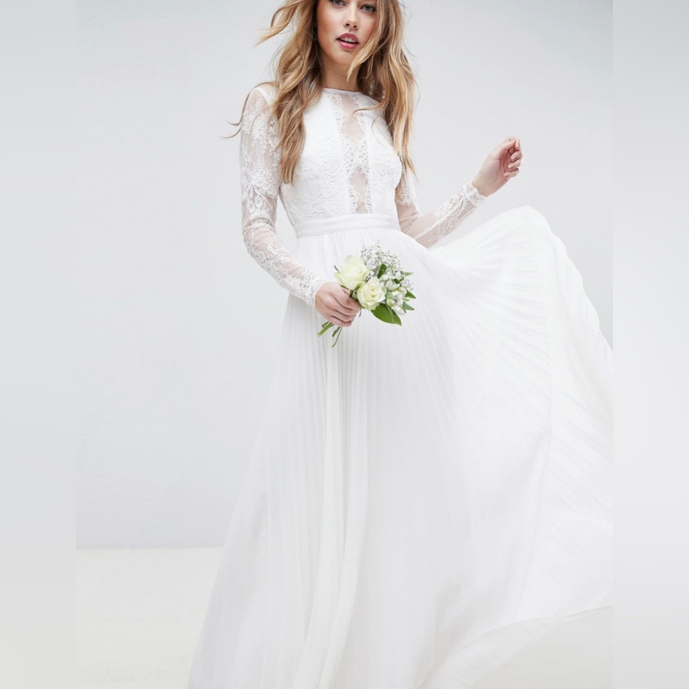 ASOS EDITION Long Sleeve Lace Bodice Maxi Wedding Dress Pleated Skirt NWT US 6